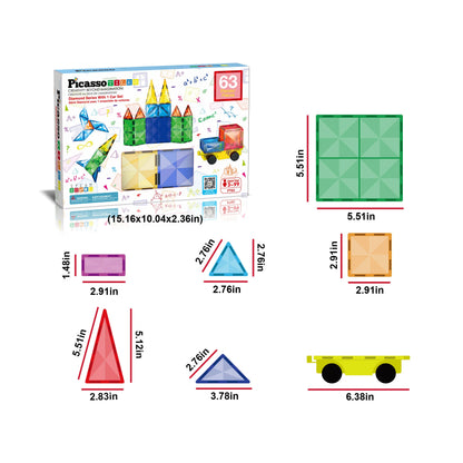 PicassoTiles Magnetic Tiles and Vehicle 63 Pezzi