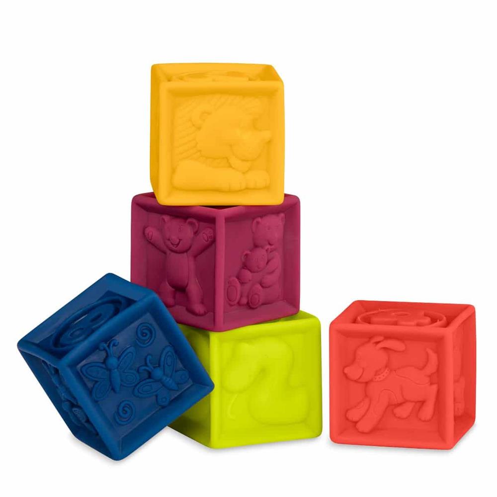 One Two Squeeze® Baby Blocks – Un set di 10 cubetti morbidi e colorati, spremibili e adatti per la dentizione.