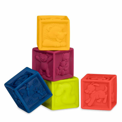One Two Squeeze® Baby Blocks – Un set di 10 cubetti morbidi e colorati, spremibili e adatti per la dentizione.