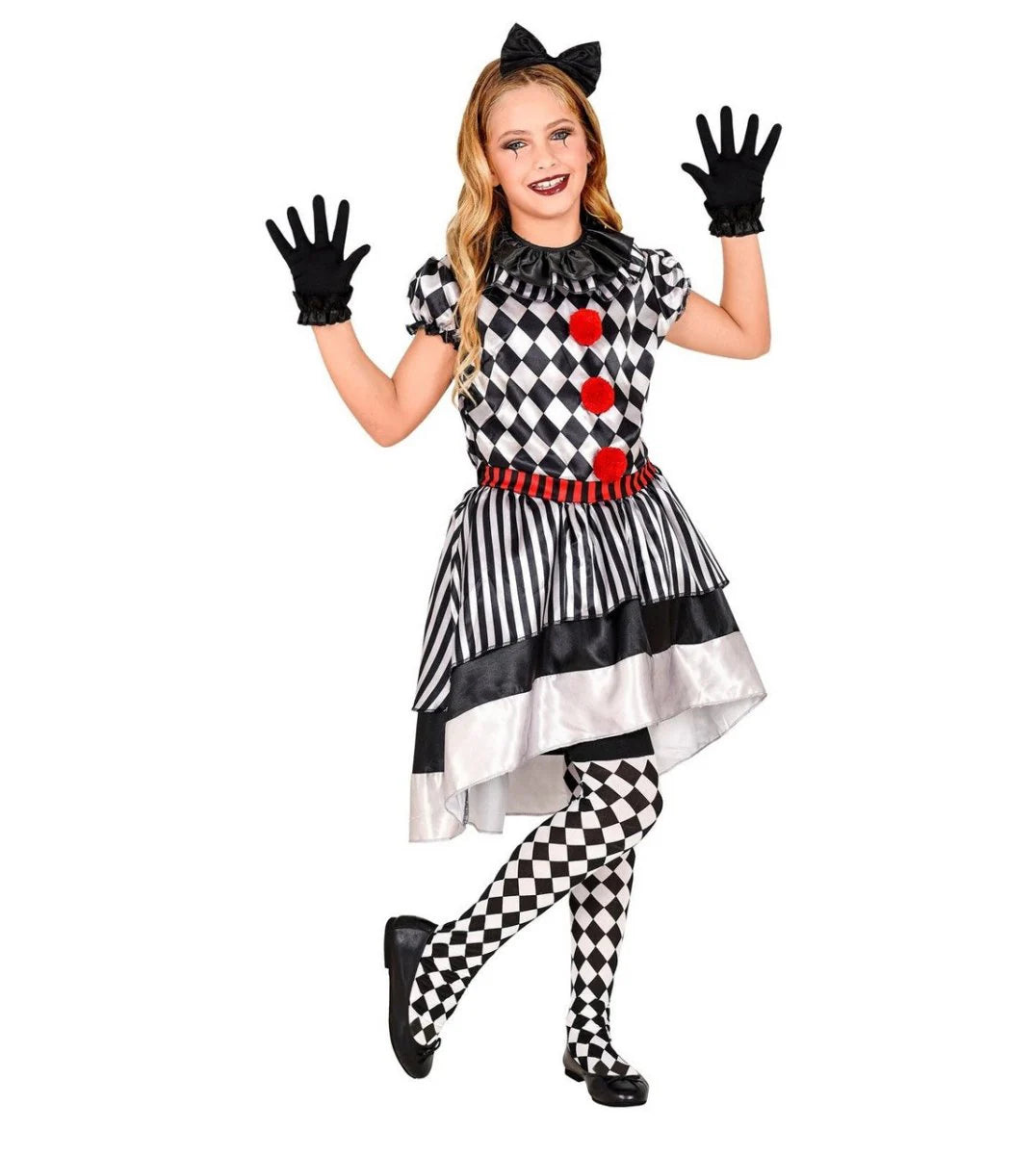 COSTUME PAGLIACCIO VINTAGE (vestito con gorgiera, fascia per testa con fiocco, guanti) 116 cm / 4-5 anni