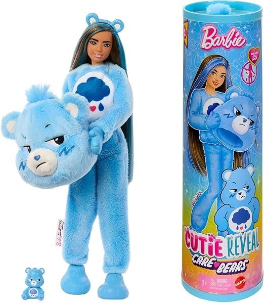 Barbie - Cutie Reveal Serie Care Bears, bambola con costume di orso di peluche Grumpy Bear, 10 accessori a sorpresa cambia colore tra cui un mini orso inclusi,Mattel,Eta 3+