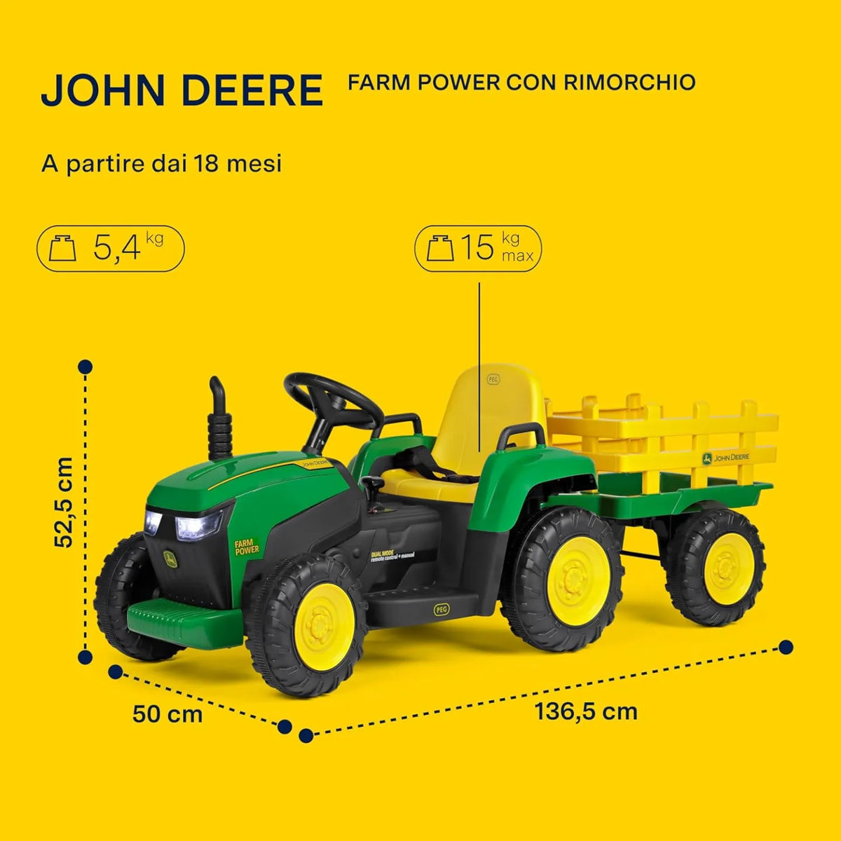 Trattore Elettrico farm power 12v (169x63cm) John Deere Verde E Giallo Igor0047 di Peg Perego