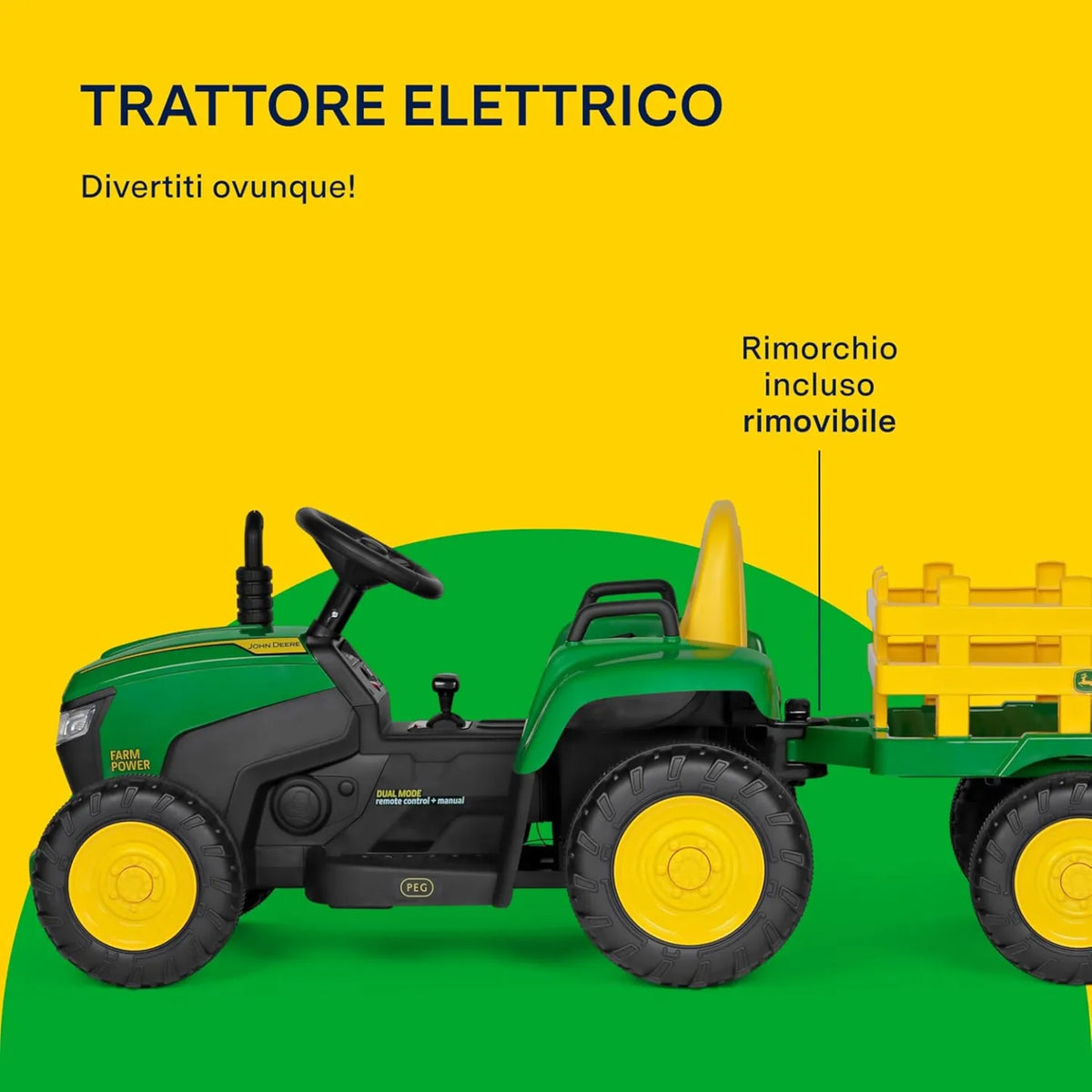 Trattore Elettrico farm power 12v (169x63cm) John Deere Verde E Giallo Igor0047 di Peg Perego