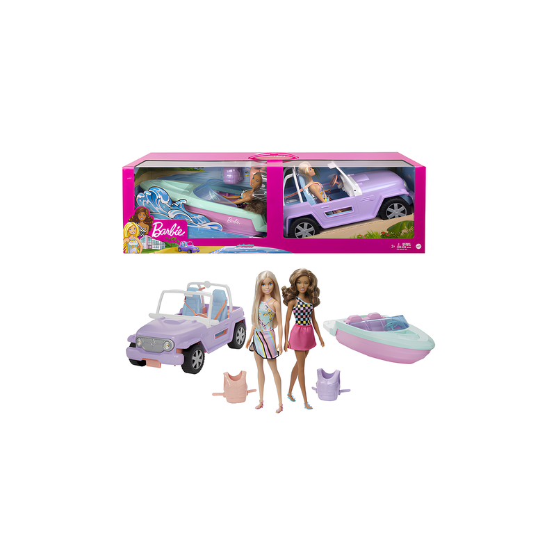 Mattel GXD66 Barbie Set motoscafo e auto con 2 Barbie e accessori a tema