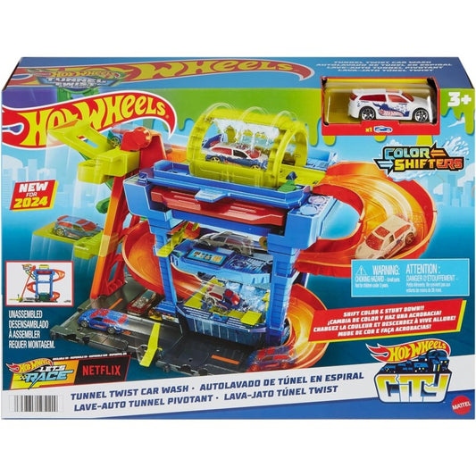 Mattel HTN80 Hot Wheels Tunnel Twist Car Wash Autolavaggio con Tunnel e veicolo 1:64 cambia-colore
