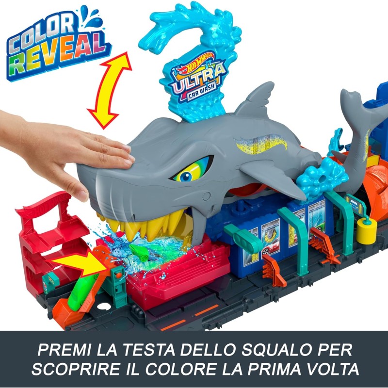 Mattel Htn82 Hot Wheels Ultra Shark Car Wash Mega Squalo Autolavaggio