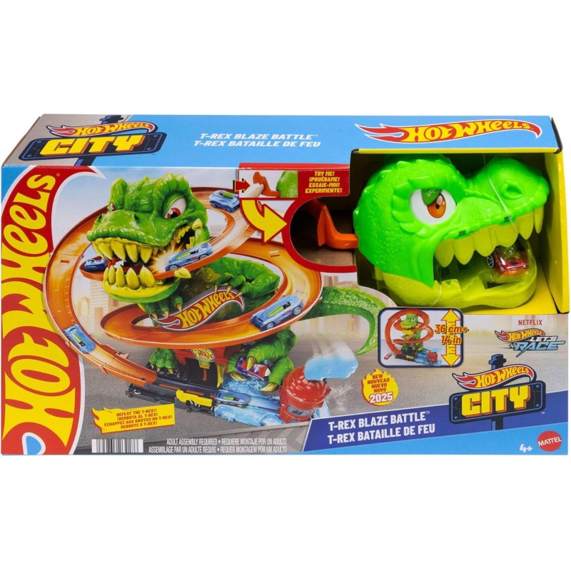 Mattel JBM73 Hot Wheels City - T-Rex Battaglia Infuocata playset stazione dei pompieri con dinosauro e pista