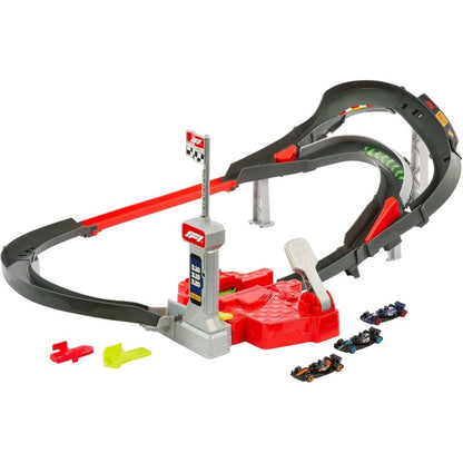 Mattel JDY15 Hot Wheels Racing - Circuito Sprint Formula 1 pista due modalità con 3 McLaren F1 Team Alpine e VCARB inclusi