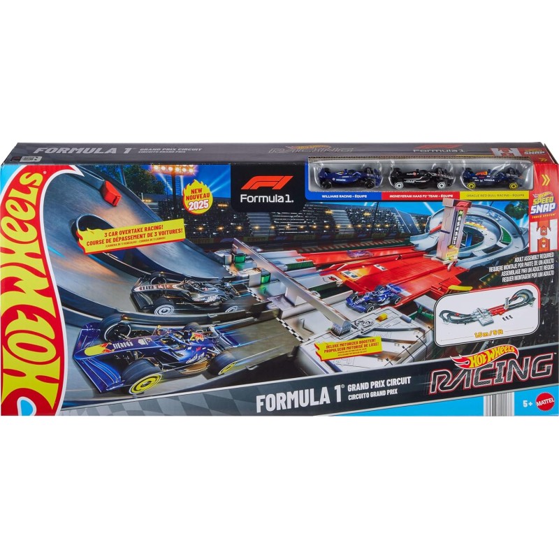 Mattel JDY16 Hot Wheels Racing Circuito Grand Prix pista due modalità gara e booster motorizzato 3 veicoli di Formula 1
