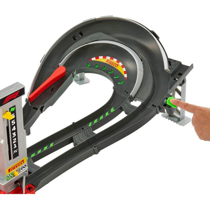 Mattel JDY16 Hot Wheels Racing Circuito Grand Prix pista due modalità gara e booster motorizzato 3 veicoli di Formula 1