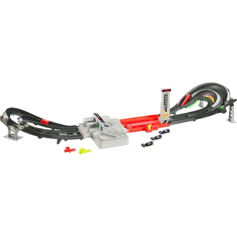 Mattel JDY16 Hot Wheels Racing Circuito Grand Prix pista due modalità gara e booster motorizzato 3 veicoli di Formula 1