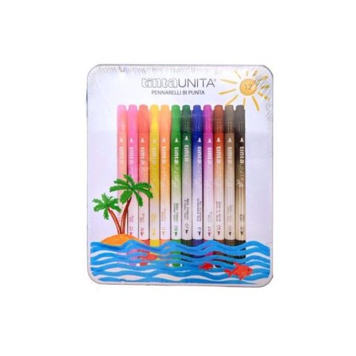 Pennarelli Brush Bi-Punta Tinta Unita 12 Pezzi in Latta