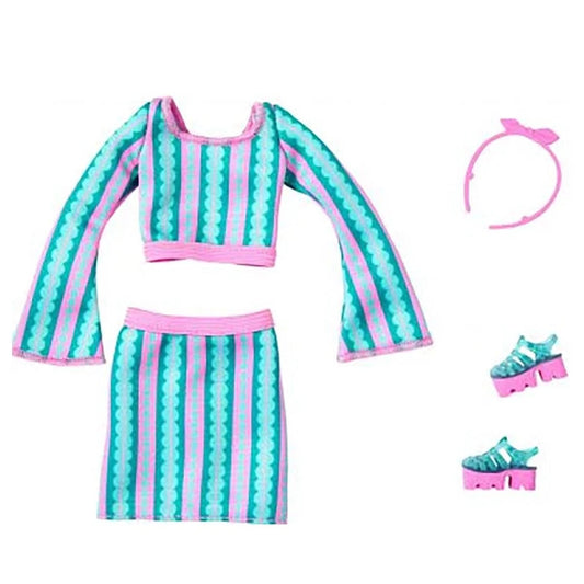 Barbie Set Abbigliamento "Complete Looks" - Vestito a righe rosa e turchese con accessori (Modello HYV19).