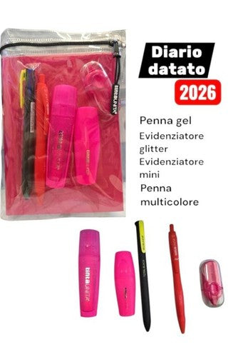 Diario Tinta Unita 2026-2027 Fucsia Glitter con Accessori