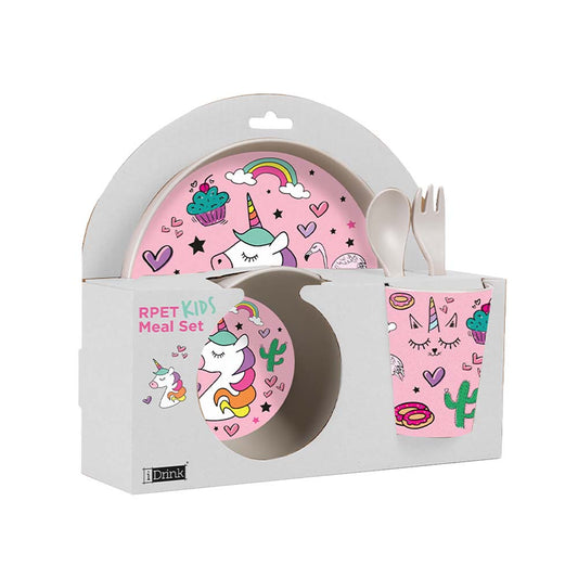 I Total Set 5 in 1 con Bicchiere, Bowl, Piatto, Cucchiaio e Forchetta in RPET Unicorno