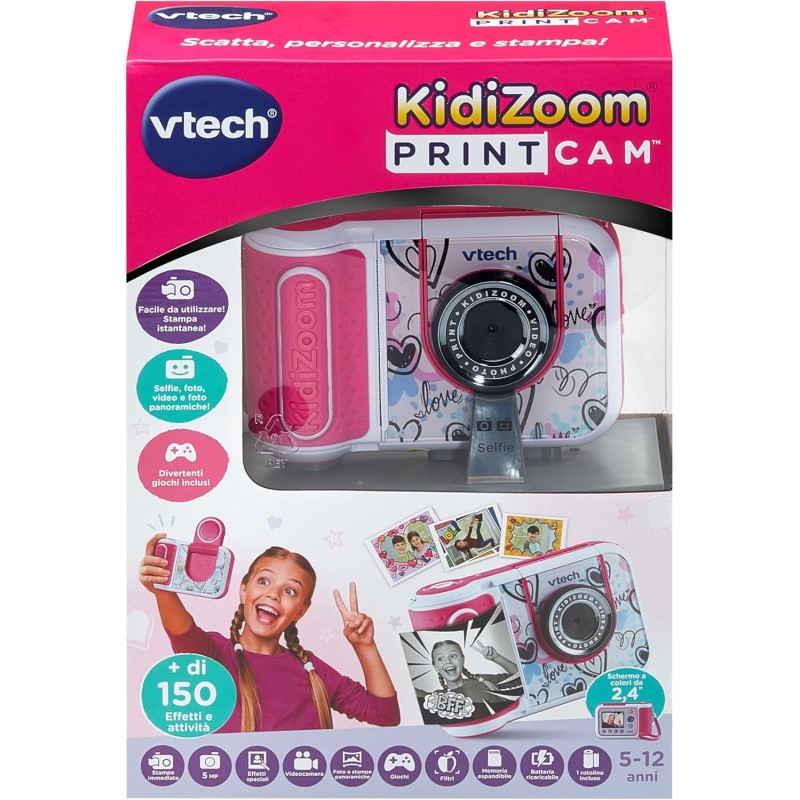 VTech 549159 Kidizoom Printcam Rosa Macchina Fotografica Istantanea con 40+ Effetti Speciali Carta Termica 5MP