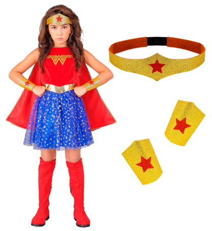 WONDER GIRL (vestito con mantello, copricapo, bracciali) 116 cm / 4-5 anni