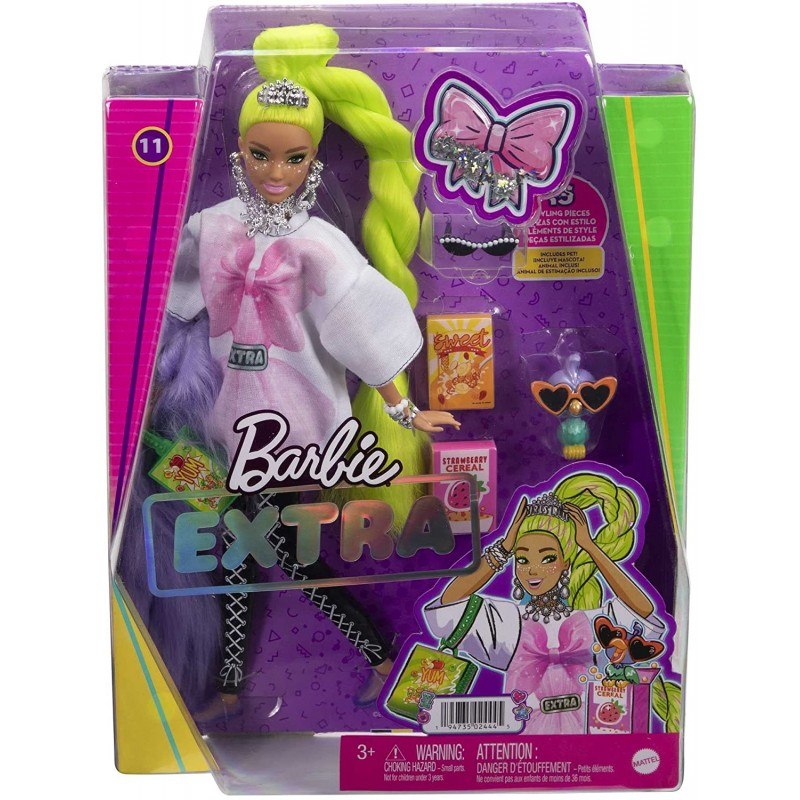 Barbie Extra Snodata Con Lunghissimi Capelli Verde Fluo Maglietta Larga E Leggins Extralarge Con Pappagallino E Accessori HDJ44 MATTEL 