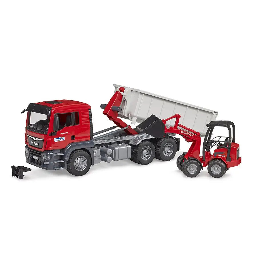 BRUDER MAN TGS camion container ribaltabile con Schaeffer 03767 toysvaldichiana.it 