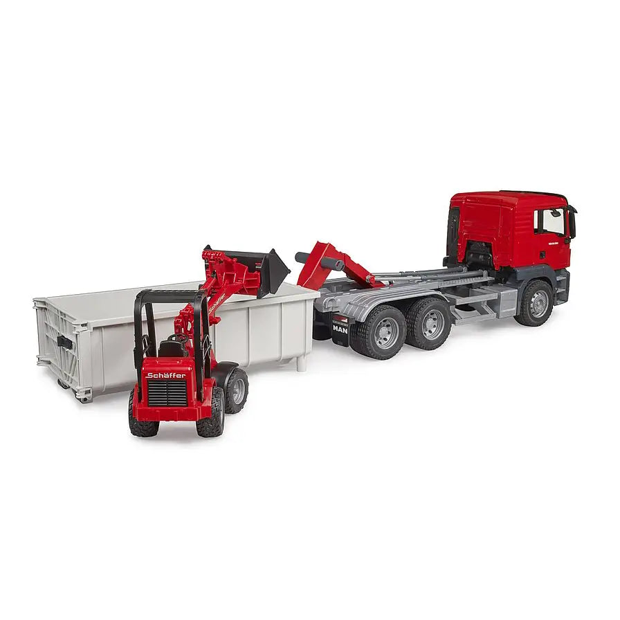 BRUDER MAN TGS camion container ribaltabile con Schaeffer 03767 toysvaldichiana.it 