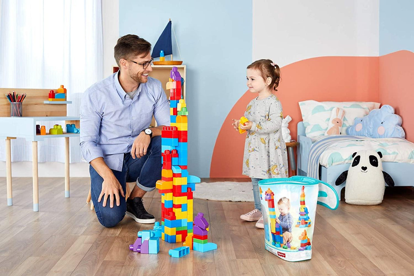 Mega- Sacca Ecologica Blocchi da Costruzione, Giocattolo per Bambini 1+ Anni, Multicolore, 60 Pezzi, DCH55 - toysvaldichiana.it