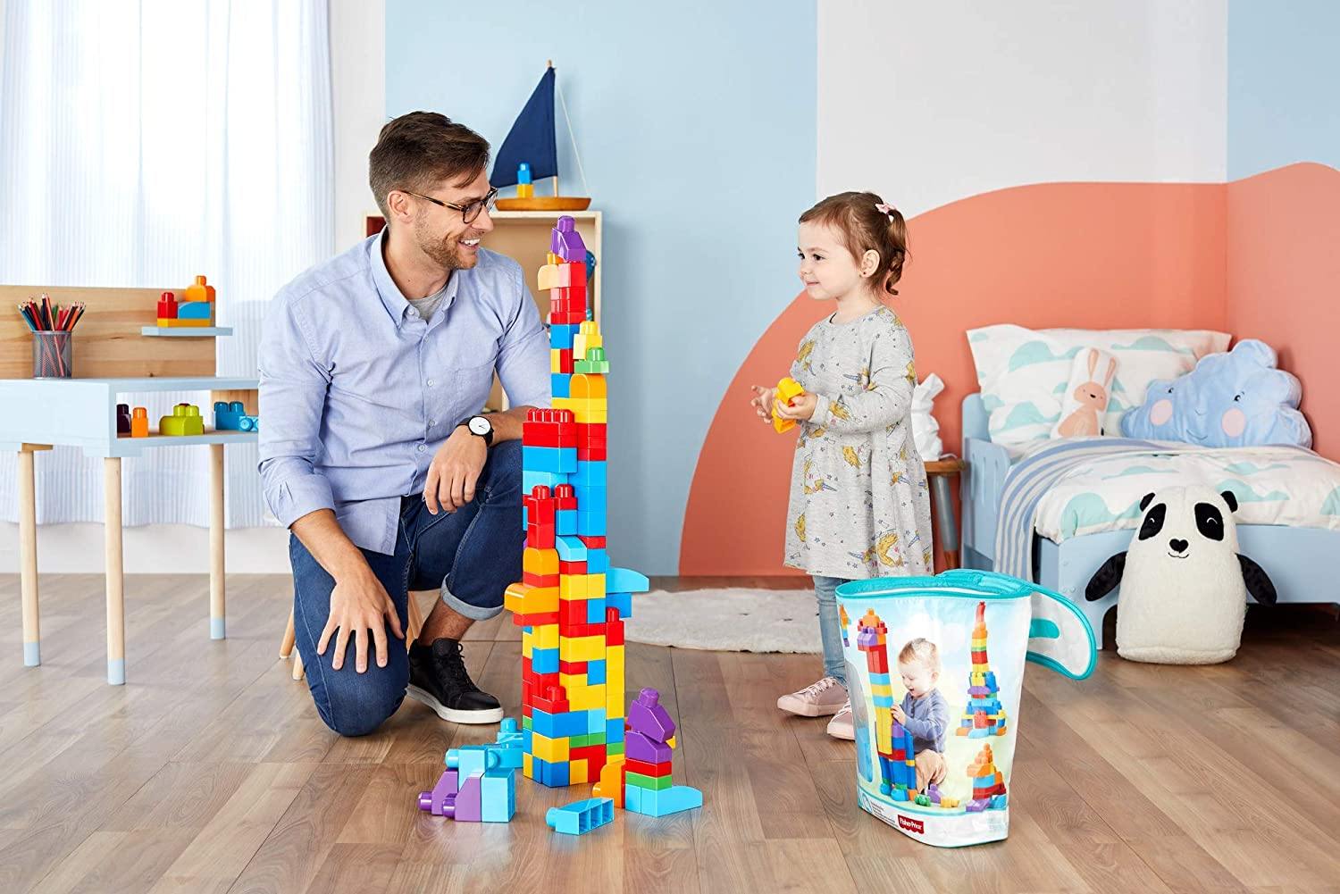 Mega- Sacca Ecologica Blocchi da Costruzione, Giocattolo per Bambini 1+ Anni, Multicolore, 60 Pezzi, DCH55 - toysvaldichiana.it