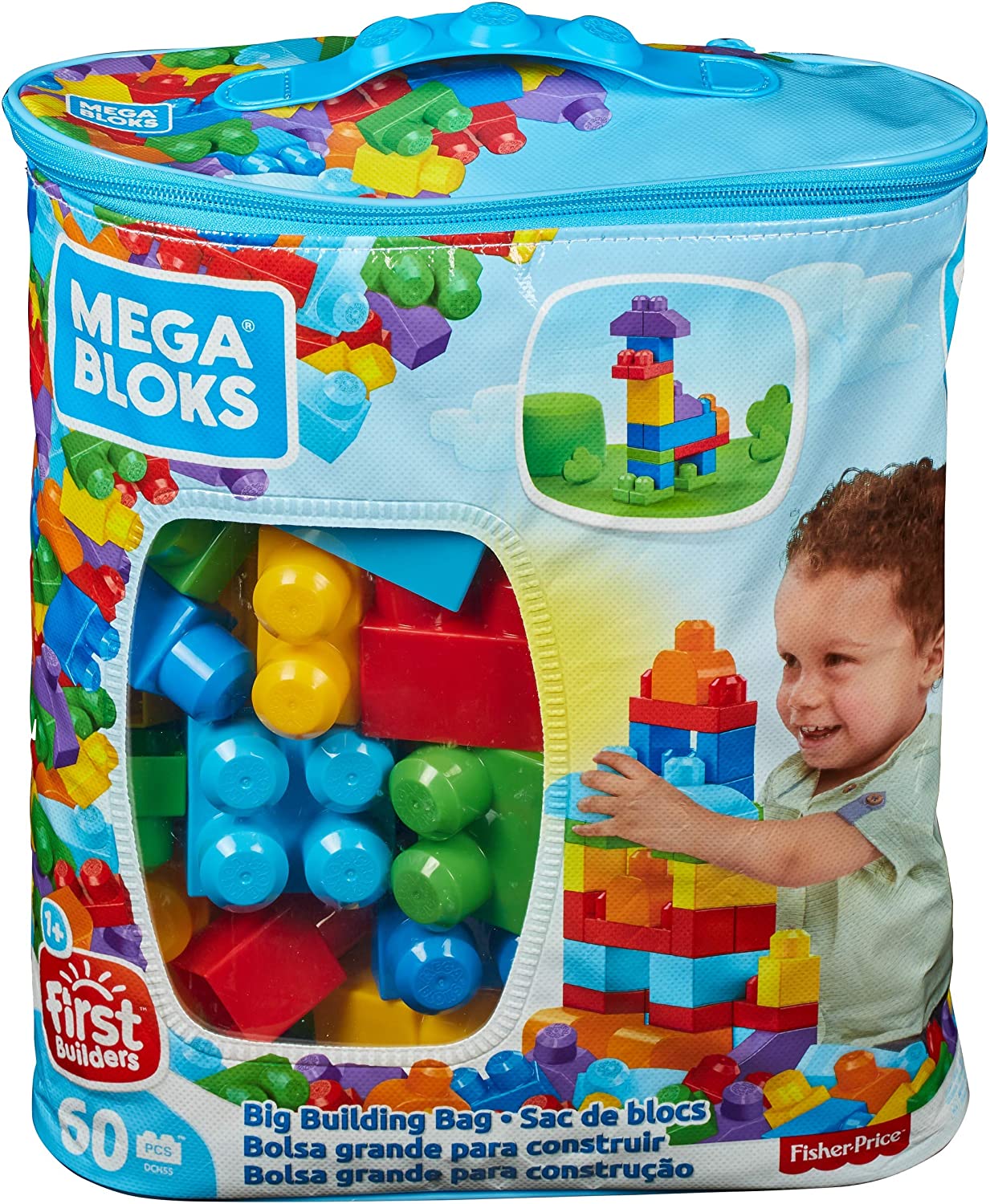 Mega- Sacca Ecologica Blocchi da Costruzione, Giocattolo per Bambini 1+ Anni, Multicolore, 60 Pezzi, DCH55 - toysvaldichiana.it